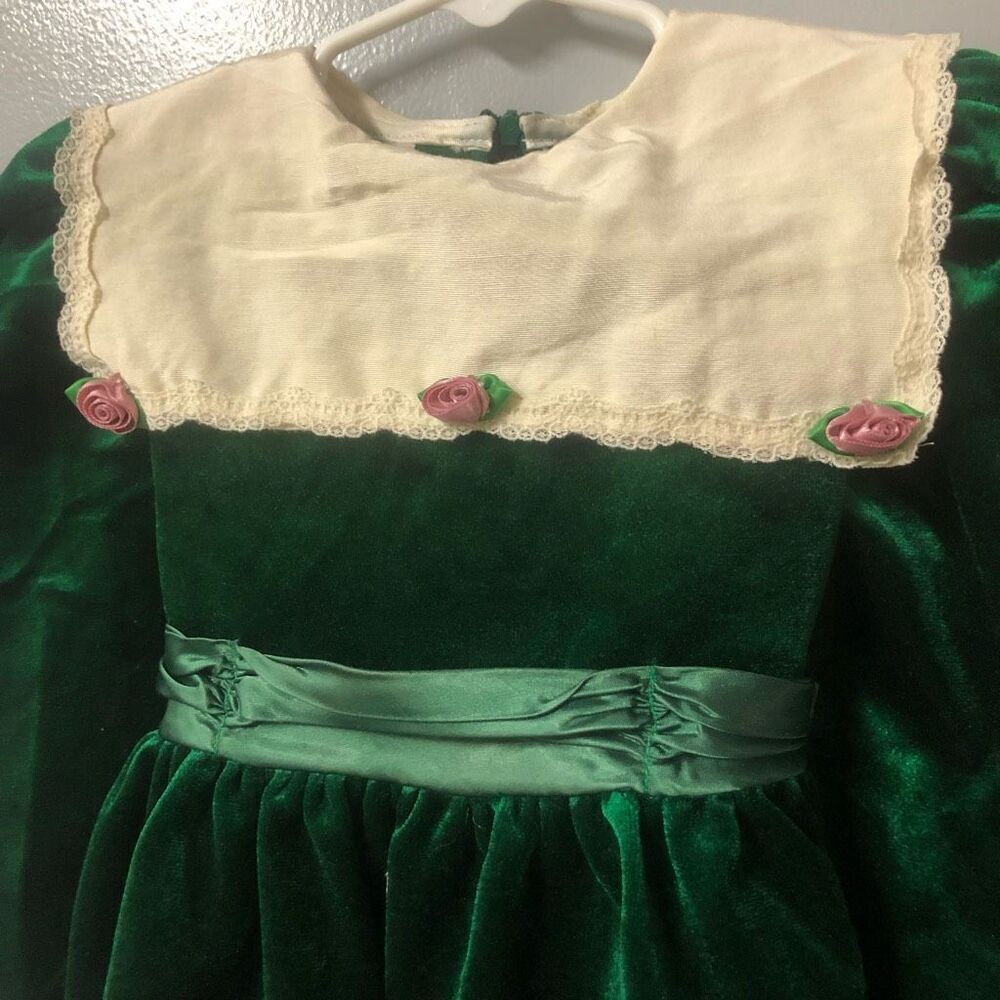 Vintage Girls Green Velvet Holiday Dress Lace Collar Rosettes‎ Christmas 4T - Picture 2 of 8